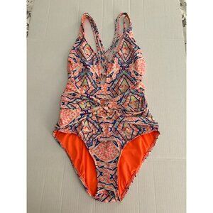 Athena Women's Coral Multi-color Plunge Twist Front One Piece Swimsuit Size 14